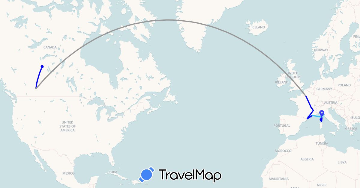 TravelMap itinerary: driving, plane, boat, motorbike, suzuki dr 650 in Canada, Spain, France, Italy (Europe, North America)